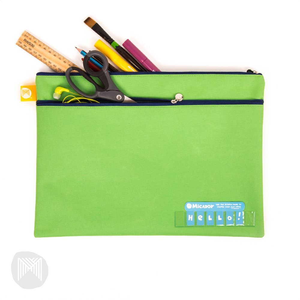 Micador Name Twin Zip Pencil Case – Green, With Clear Name Pocket, Durable Fabric, Perfect For School Supplies