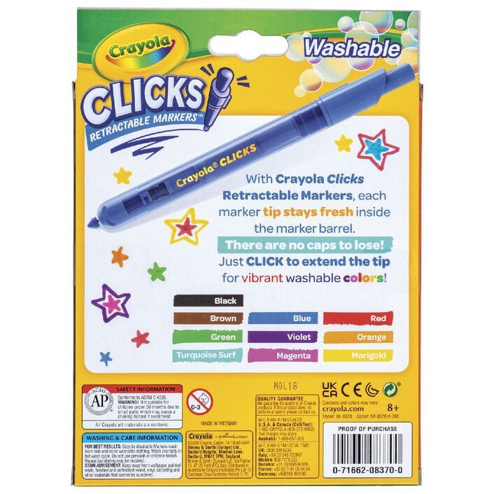  Crayola Clicks Washable Markers with Retractable Tips, School  Supplies, Art Markers, 10 Count. : Everything Else