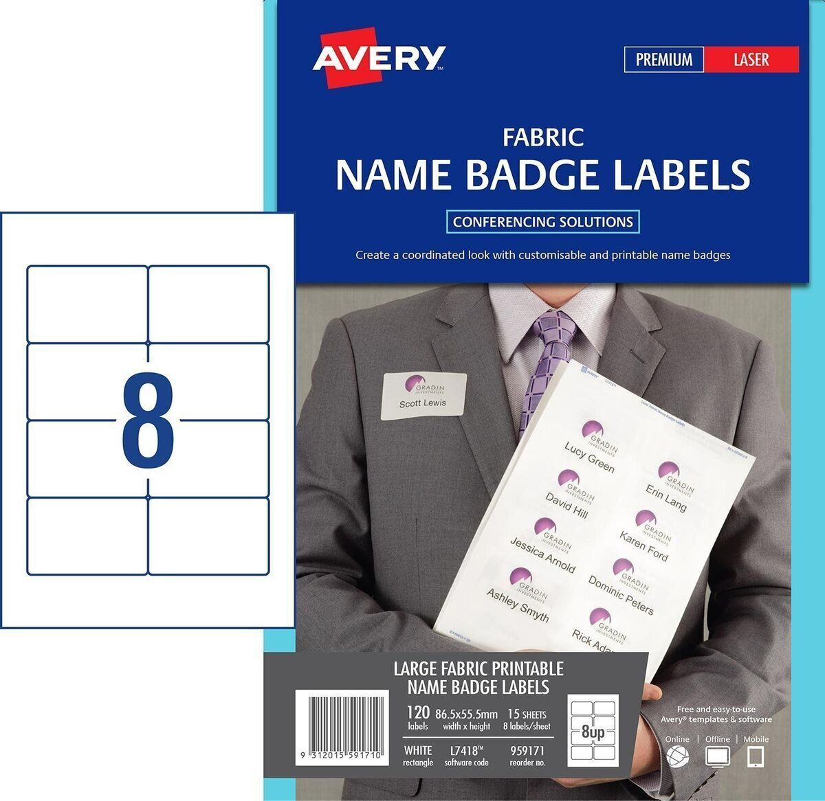 AVERY 959171 White Fabric Name Badge Labels 86.5mm x 55.5mm Laser Removable 8 Per Sheet 15 ...