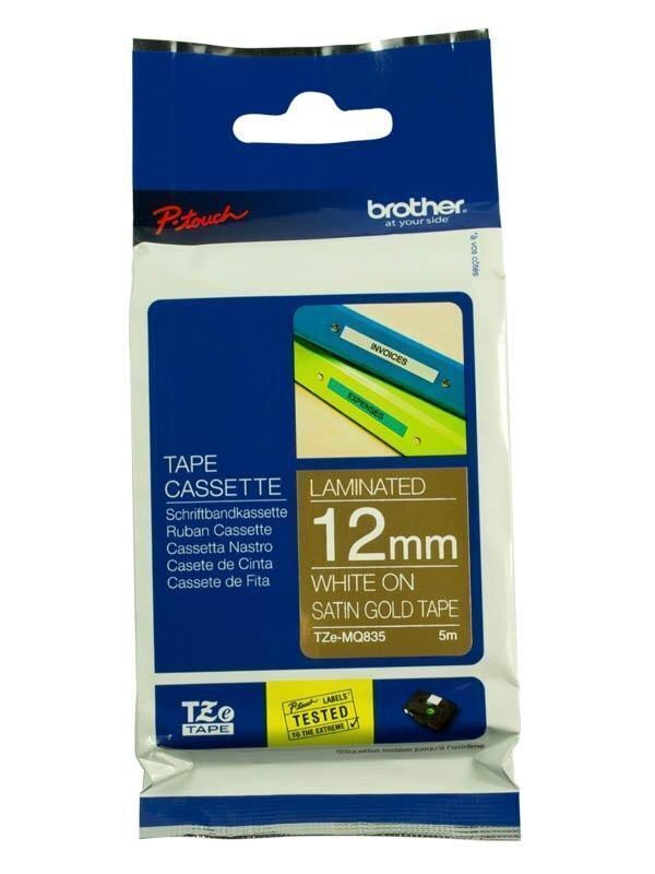 Brother Tze-Mq835 Ptouch Tape 12Mm X 5M White On Satin Gold