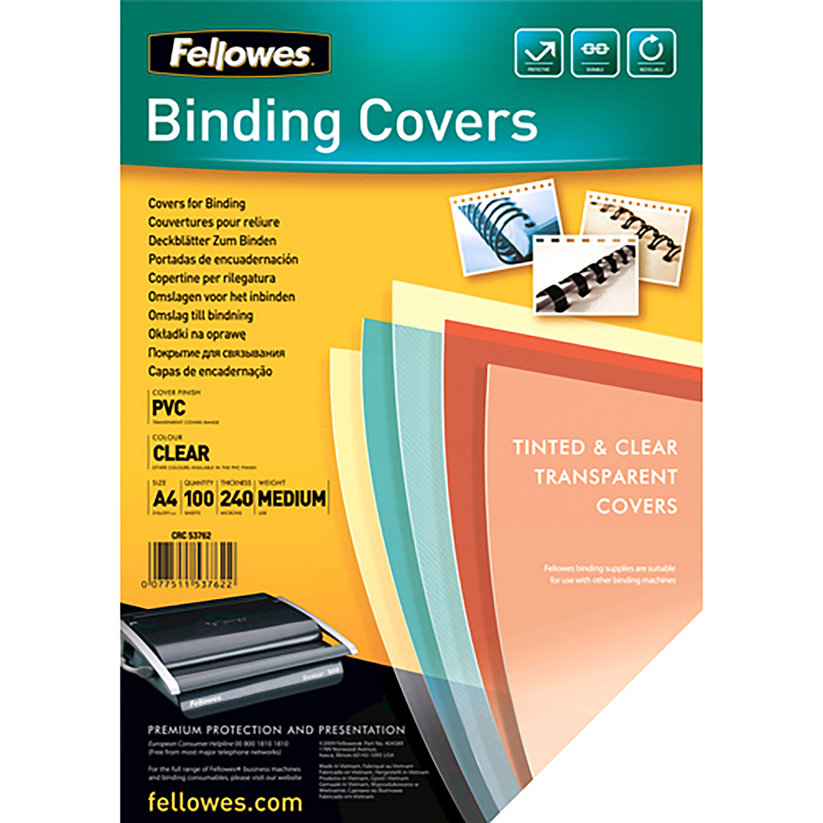 Fellowes Binding Cover A4 240 Micron Pvc Clear Pack Of 100