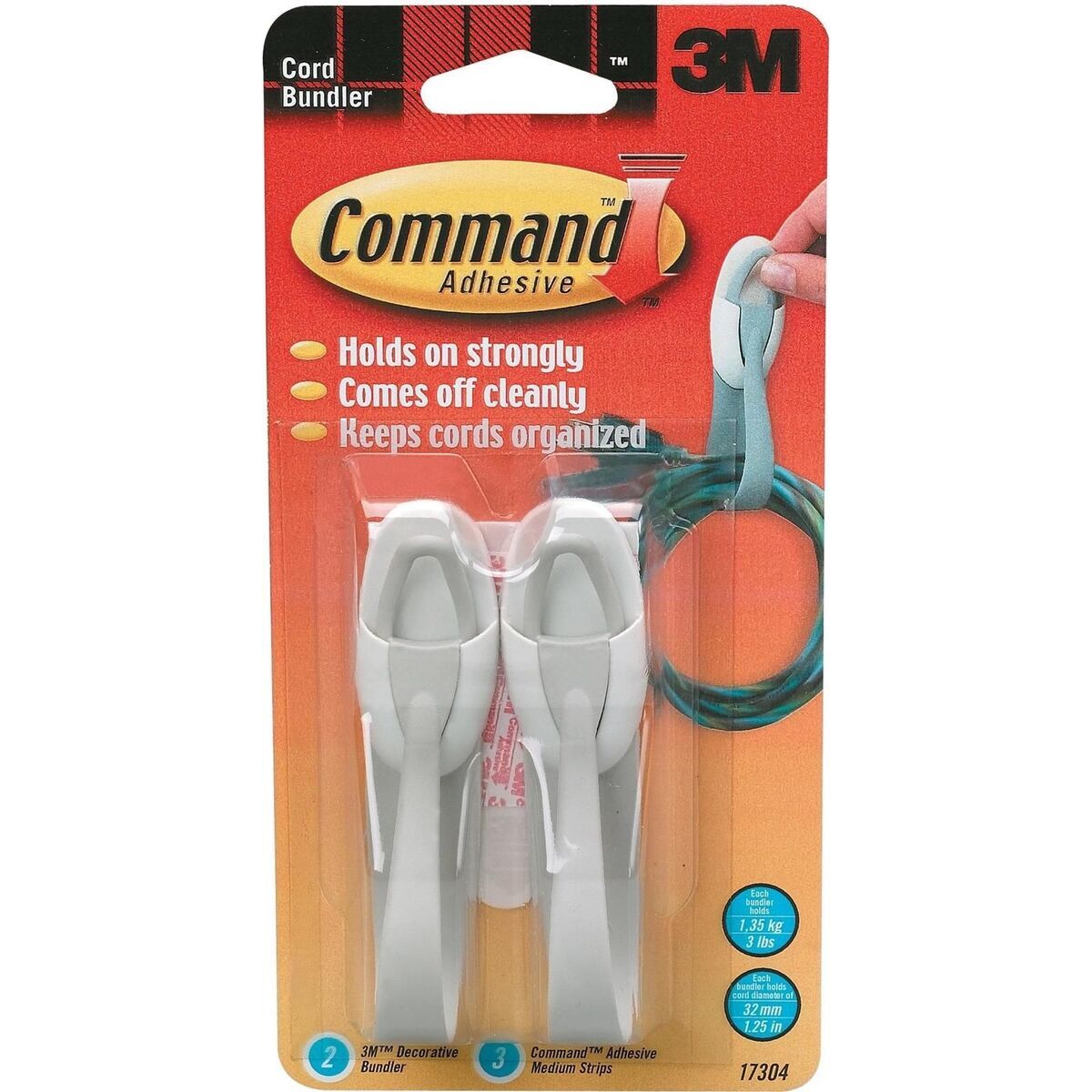 3M Large Cord Clips with Command Adhesive, 2 cord clips, 3 medium strips