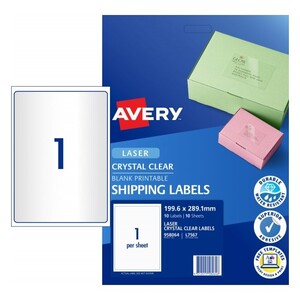 AVERY 958064 Crystal Clear Laser Shipping Labels 199.6 x 289.1mm 10 Labels, 1 Label per Sheet 10 Sheets Per Pack