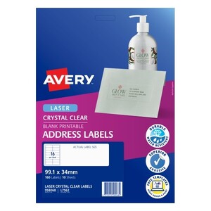 AVERY 958068 Crystal Clear Laser Address Labels 99.1 x 34mm 160 Labels, 16 Labels per Sheet 10 Sheets Per Pack