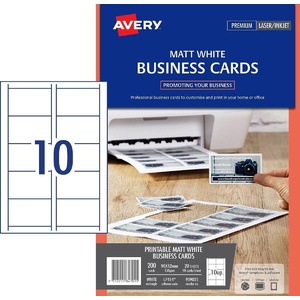 AVERY 959025 White Matt Finish Business Cards 90mm x 52mm Laser, Inkjet Single Sided 10 Per Sheet 20 Sheets Per Pack